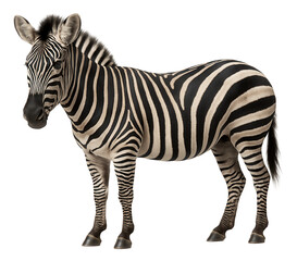 Fototapeta premium Realistic illustration of a zebra with distinctive black and white stripes standing and facing slightly left on transparent background.