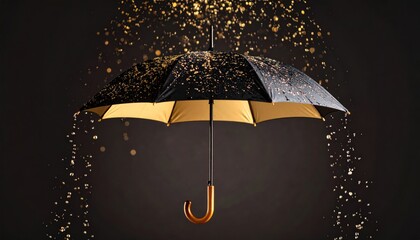 Elegant black and gold umbrella with sparkling droplets against dark backdrop