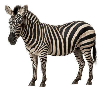 Realistic illustration of a zebra with distinctive black and white stripes standing and facing slightly left on transparent background.