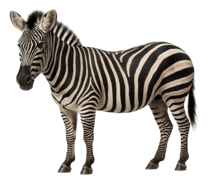 Realistic illustration of a zebra with distinctive black and white stripes standing and facing slightly left on transparent background.