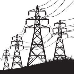 High Voltage Transmission Towers on a Hillside Black and White Silhouette Illustration of Electric Power Lines