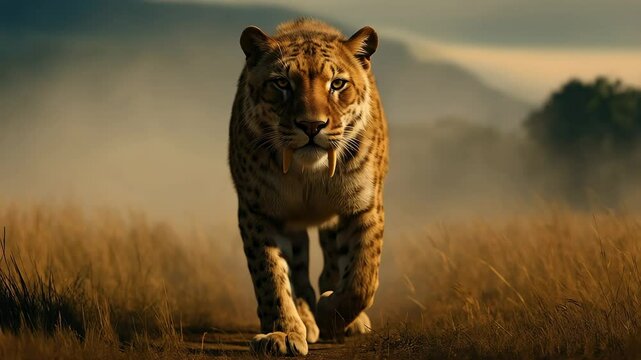 Smilodon saber-tooth tiger walking through golden savanna grass with dramatic lighting. Prehistoric predator showcasing massive canine teeth and powerful build in ancient landscape setting.