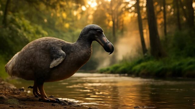Raphus cucullatus dodo bird standing by forest stream with golden sunlight filtering through trees. Extinct flightless bird showcasing distinctive features in natural habitat before extinction.