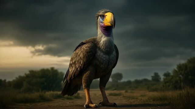 Phorusrhacos terror bird prehistoric predator standing in ancient landscape with dramatic sky. Giant flightless bird showcasing powerful beak and imposing stature in prehistoric environment.