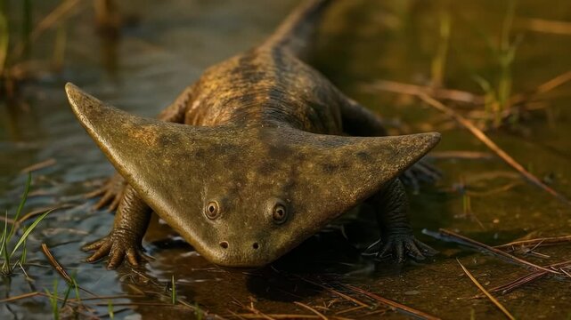 Diplocaulus prehistoric amphibian in wetland habitat with distinctive boomerang-shaped head. Ancient amphibian showcasing unique skull structure in marshy prehistoric environment.