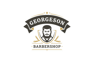 Fototapeta premium Stylish barbershop logo with a male portrait, vintage razors, and a retro emblem. Perfect for grooming services. Vector illustration