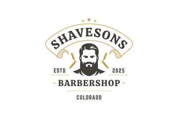 Elegant vintage barbershop logo featuring a male portrait, vintage razors, and a stylish emblem. Perfect for grooming services, fashion, and business branding. Vector illustration