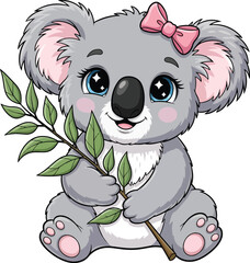 Cute Cartoon Koala Sitting on a Tree Branch Adorable Female Koala Illustration with Pink Bow, Big Eyes, and Eucalyptus Leaves in Hand-Drawn Style