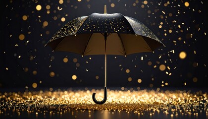 Elegant black and golden umbrella amidst a shower of shimmering golden particles