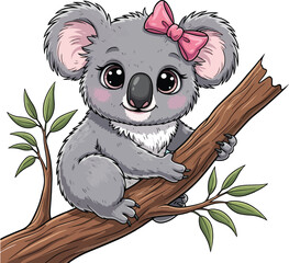 Cute Cartoon Koala Sitting on a Tree Branch Adorable Female Koala Illustration with Pink Bow, Big Eyes, and Eucalyptus Leaves in Hand-Drawn Style