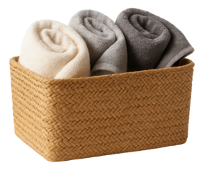 Three rolled towels in cream and gray shades neatly arranged in a woven basket on transparent background.