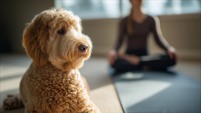 Fluffy Dog Relaxing on Yoga Mat as Woman Practices Meditation in Sunlit Room, Peaceful and Serene Atmosphere. Image made using Generative AI.