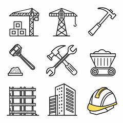 Line icon about construction. Contains icons such as architecture, workers, materials, equipment, and construction vehicles
