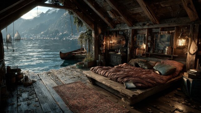 Rustic cabin interior reveals lake view with sailboats through open doorway