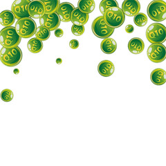 Vitamin Q10 round capsules scattered randomly.