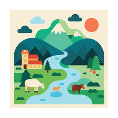 Rural scene with grazing animals and stream in flat style