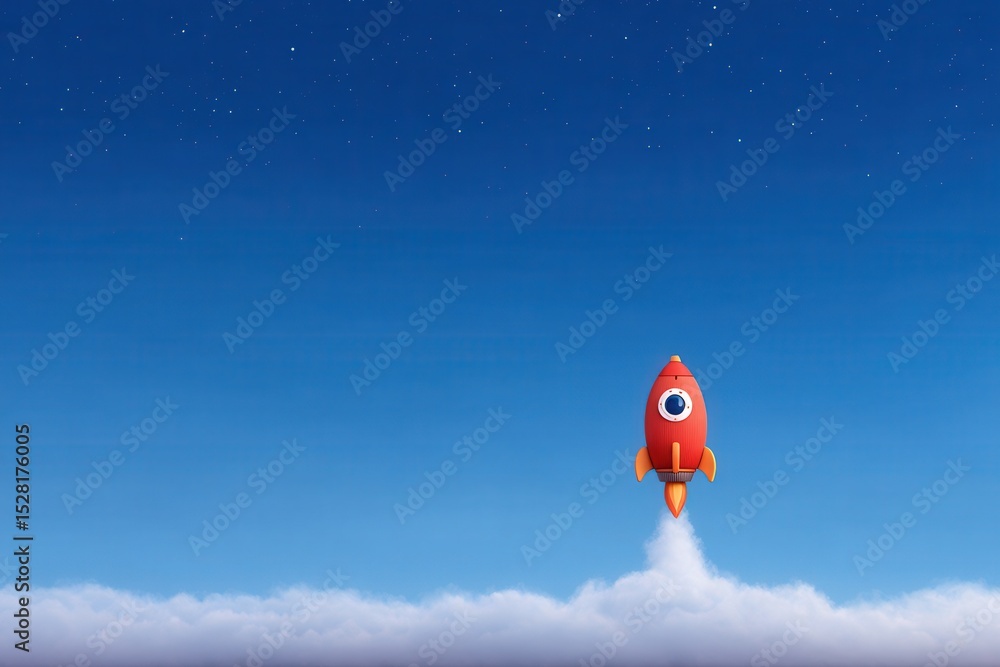 Poster bright red cartoon rocket launching into a clear blue sky surrounded by fluffy clouds creating a whi