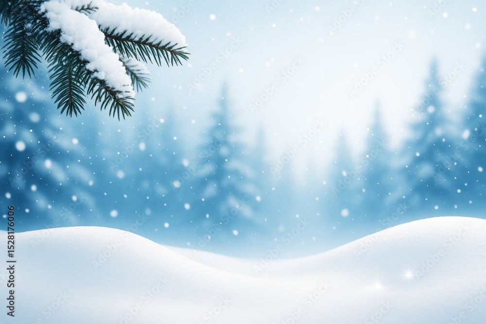Poster Snow-covered winter landscape with pine tree branch and blurred forest background under falling snowflakes and soft light. Ai generative.