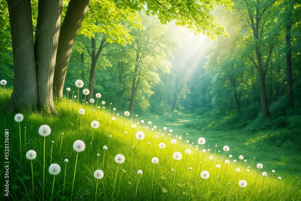 Poster peaceful forest landscape with dandelions and sun rays creating a serene, dreamy natural background 
