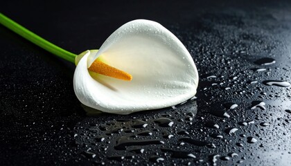 Elegant calla lily blossom with water droplets on a sleek dark surface