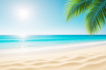 Tropical beach landscape with golden sand, turquoise sea, bright sunlight, and palm leaves under clear sky as summer background. Ai generative.