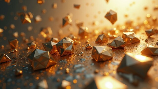 Fractured geometric patterns resembling shattered glass in metallic tones, bathed in gentle ambient light – an abstract visual experience.\n, ultra detailed, 8k resolution, HDR, professional