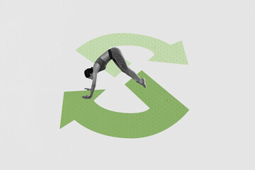 Poster sketch image artwork 3D photo collage of spread strategy startup development process young lady stand training exercise sport