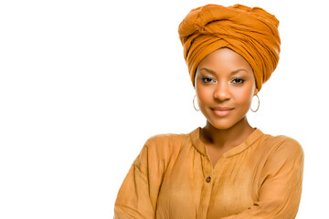Beautiful and exotic African woman wearing beige blouse and hair wrapped in traditional orange scarf, isolated on white or transparent background
