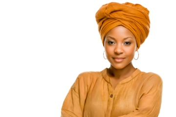 Beautiful and exotic African woman wearing beige blouse and hair wrapped in traditional orange scarf, isolated on white or transparent background