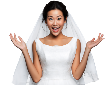 Surprised and shocked young Asian bride in wedding gown and veil, isolated on white or transparent background