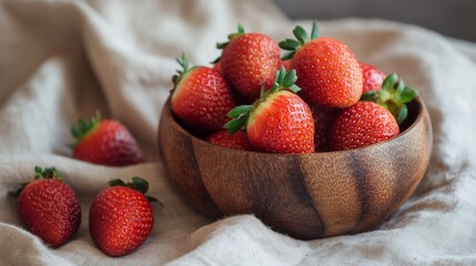 Strawberries, in a hand-carved wooden bowl, generative ai