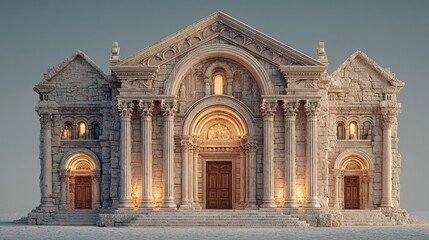 Fototapeta premium Grand stone building with pillars and arches radiates ancient elegance glow.