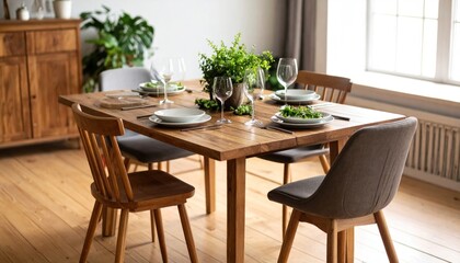 Elegant dining room setup featuring a rustic wooden table and modern chairs