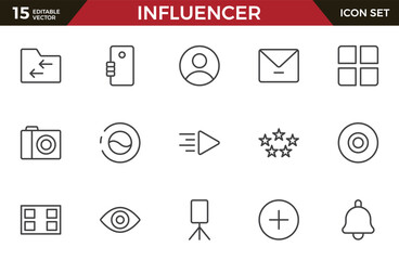 Influencer line icons set. Marketing, Ambassador, Feedback, Rating, Trust, Influence, People, Megaphone, Influencer, video, likes, social media outline icon collection. UI thin icons pack.