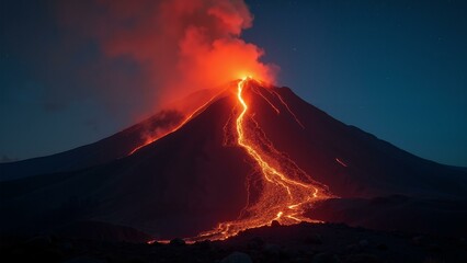 Fototapeta premium Volcanic eruption scene – fiery lava flows amidst billowing dark smoke. Intense contrast & sharp detail create a dramatic, impactful image.\n\n, ultra detailed, 8k resolution, HDR, professional