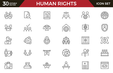 Human Rights line icon set. containing equality, inclusion, belonging, culture, tolerance, languages, unity, difference, ethnicity, gender, human rights, group line icon set. UI thin line icon pack.