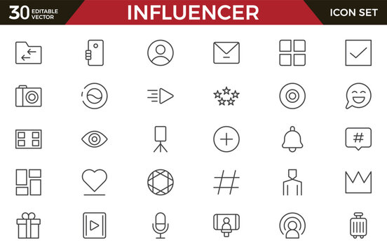 Influencer line icons set. Marketing, Ambassador, Feedback, Rating, Trust, Influence, People, Megaphone, Influencer, video, likes, social media outline icon collection. UI thin icons pack.