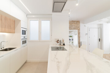 Cocina de concepto abierto: encimera de mármol blanco con placa de inducción gris y electrodomésticos en columna. Apartamento de diseño.