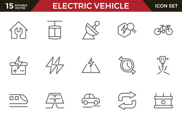 Electric Vehicle line icon set. EV, electric socket station, car plugged, battery, technology, home car charging, power station, taxi, road, race, automobile line icon set. Ui thin line icon pack.
