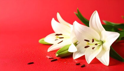 Elegant duo of white lilies on vibrant red, a serene botanical presentation