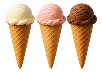 Three ice cream cones with vanilla, strawberry, and chocolate scoops on transparent background.