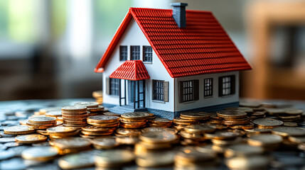 House is sitting on top of a pile of gold coins. The house is red and white, and the coins are scattered around it. concept of buying or selling real estate, investment