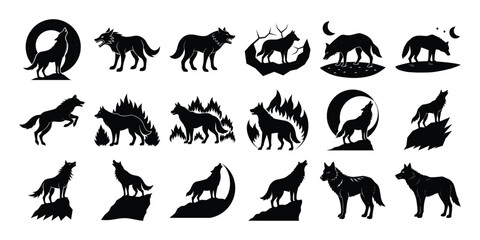 Wolf Silhouette Vector Set – Howling, Standing, Running Wolves with Moon and Nature Elements on white background 