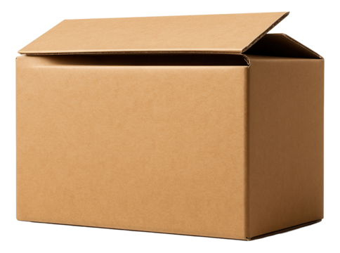 A plain brown cardboard box with an open flap, ideal for shipping or storage, on transparent background. - Powered by Adobe