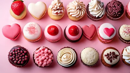 Different types of valentine’s desserts on a pink surface food background - Powered by Adobe