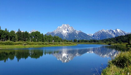 Grand Teton National Park reflection in the Snake River on a clear day
