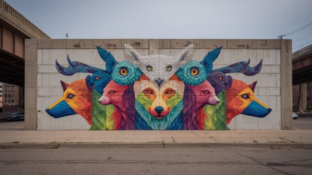 Vibrant Colorful Animal Mural Painted on Urban Wall Under Bridge Artistic Wildlife Street Art