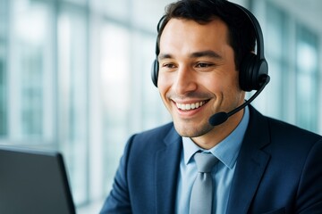Smiling customer support representative wearing headset and suit in modern office with bright glass background during online communication session.
