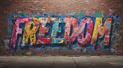 Obraz premium Vibrant Graffiti Art on Brick Wall Freedom Expression Urban Street Art