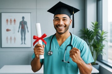 Smiling medical student in scrubs and graduation cap holding diploma in modern bright clinic background, expressing success and achievement concept.